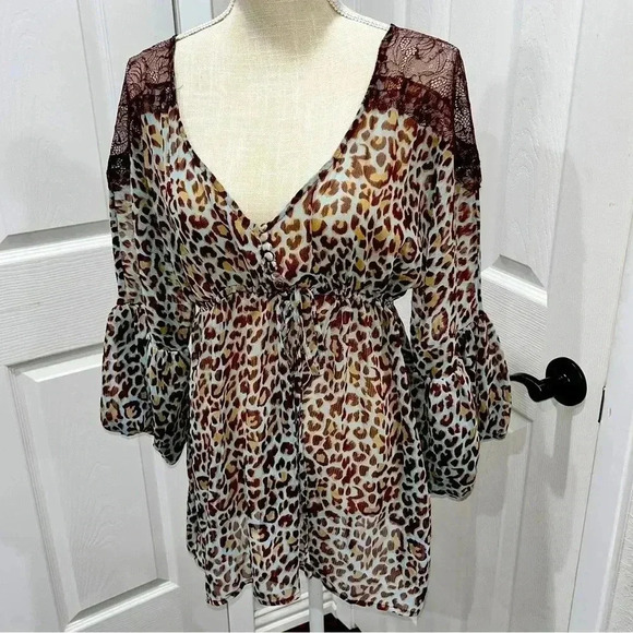 BCBG MAXAZRIA SHEER LEOPARD PRINT BLOUSE,  CINCHED WAIST LACE EMBELLISHMENTS - Picture 1 of 11
